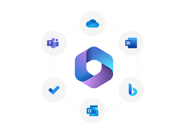 Ringförmiges Diagramm mit Microsoft 365 Logo in der Mitte, umgeben von Icons für Teams, Cloud-Speicher, Word, Microsoft 365, Outlook und anderen Anwendungen