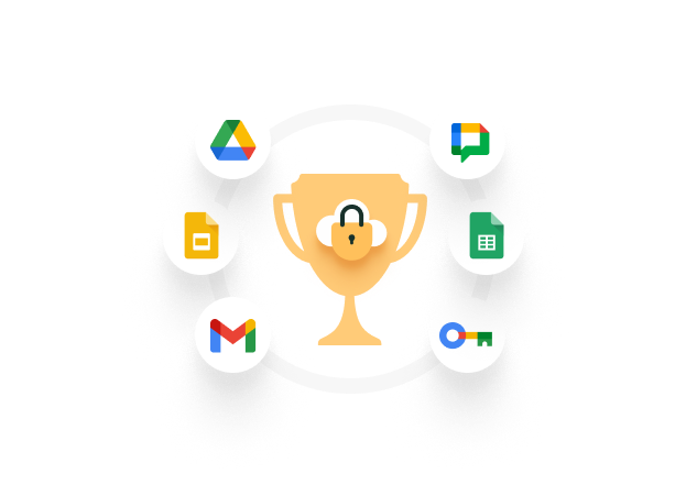 Pokal mit Schloss in der Mitte, umgeben von Google Workspace Anwendungssymbolen wie Drive, Gmail, Meet, Sheets und Docs