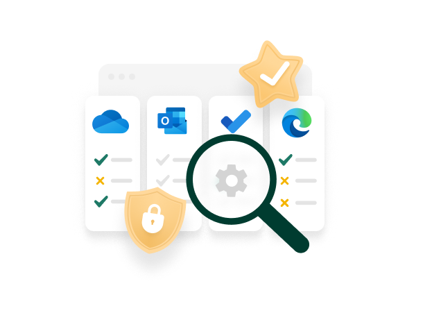 Symbolillustration mit Cloud-Symbol, Microsoft Outlook Icon, Sicherheitsschild und Lupe auf Checklisten-Hintergrund