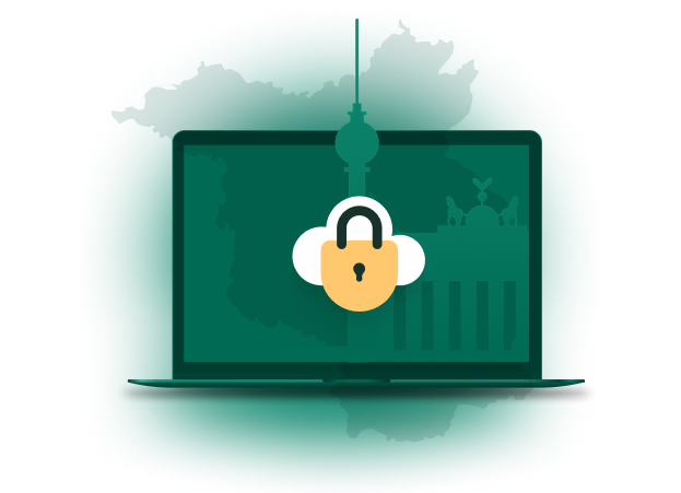 Laptop mit Sicherheitsschloss-Symbol in gelb und weiß auf grünem Display, darüber eine Phishing-Angel-Illustration