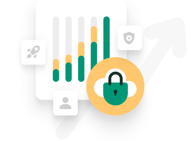 Illustration mit grünem Vorhängeschloss in gelbem Kreis, umgeben von Icons für Sicherheit, Benutzer und Balkendiagrammen