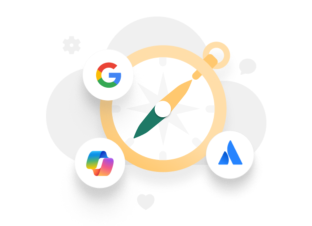 Kompass mit Google-, Microsoft- und weitere Anwendungs-Logos in vernetzten Kreisen