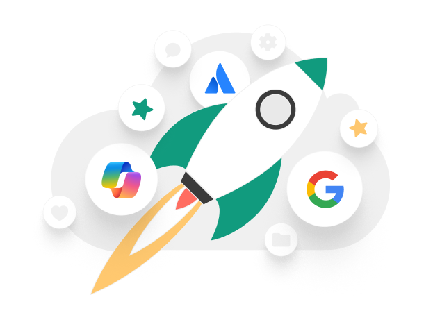 Rakete mit Flammen und verschiedenen Logos wie Google, Microsoft und weiteren Symbolen