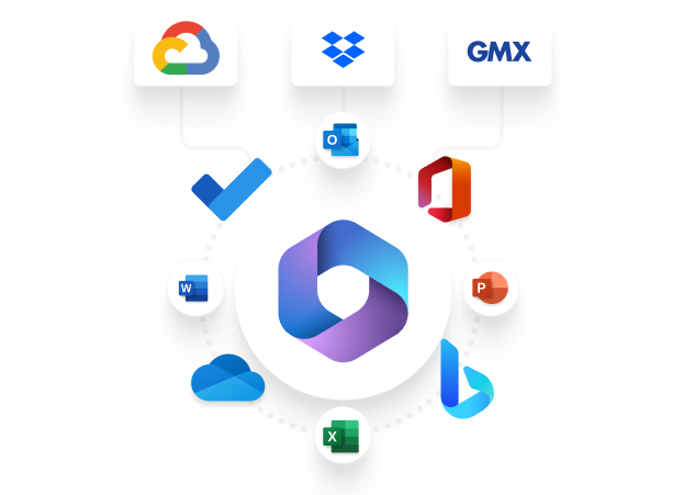 Zentrale Grafik mit blauem Hexagon-Logo umgeben von Logos von Google Cloud, Dropbox, GMX, Microsoft Outlook, Word, Office, PowerPoint, OneDrive und Excel