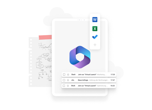 Darstellung von Cloud-Anwendungen mit Logos für Word, Excel und Outlook neben einer Aufgabenliste mit Einträgen zu virtuellen Meetings und Schulungen