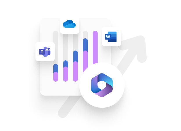 Illustration mit Balkendiagramm, Cloud-Symbol und Logos von Microsoft Teams, Word und OneDrive, umgeben von abstrakten geometrischen Formen