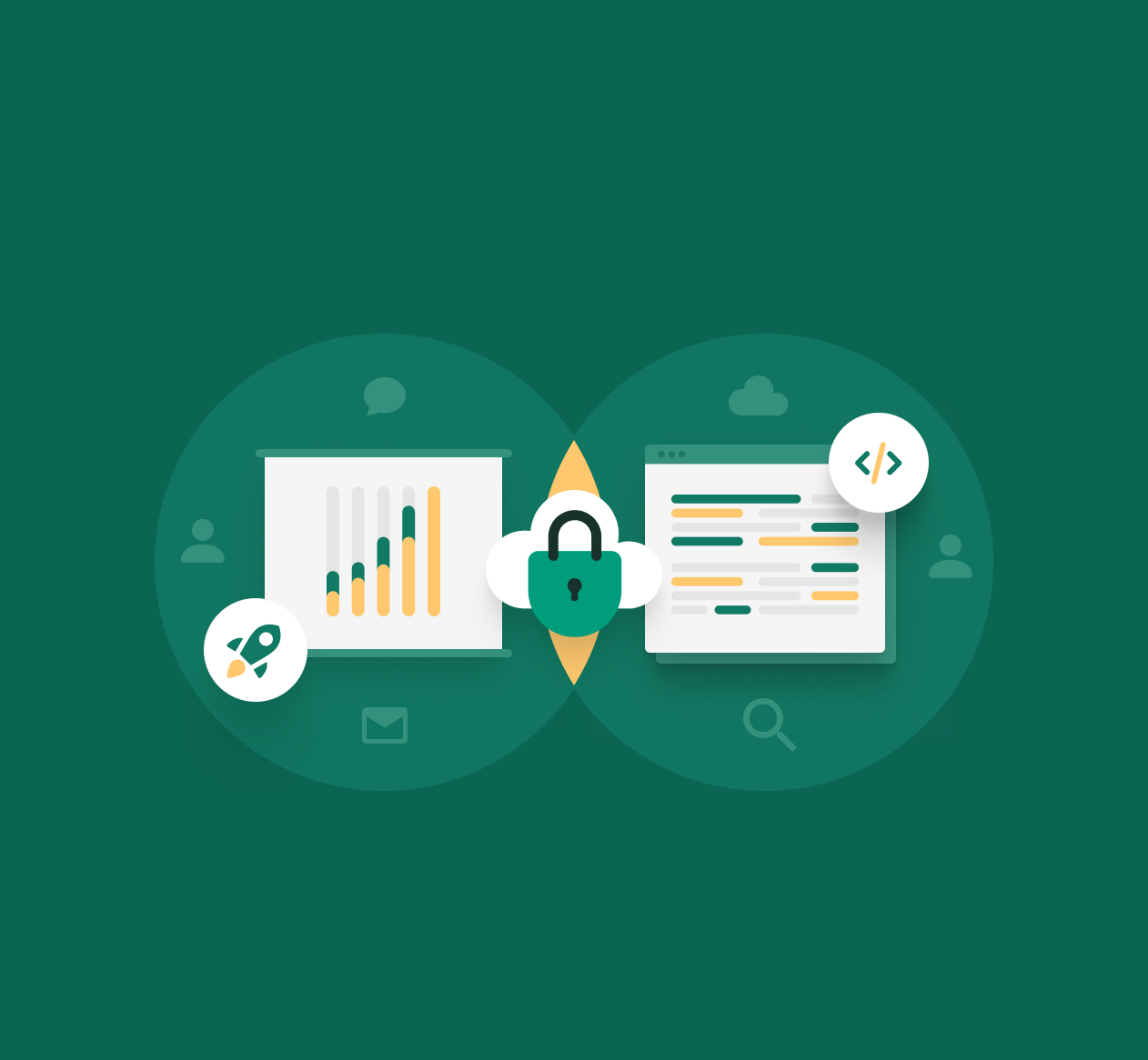 Illustration mit Balkendiagramm, Code-Icon, Zahnrad-Datensicherheit und Webseiten-Layout auf grünem Hintergrund